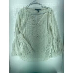 White House Black Market Blouse Bell Sleeve Embroidered Sheer‎ Top Size S